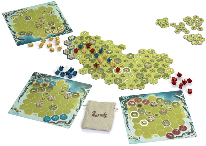 Looot Viking strategy board game including hex tiles, player boards, and resource tokens on a white background.