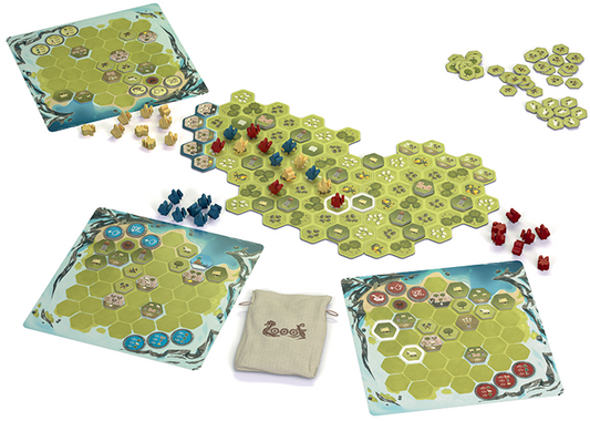 Looot Viking strategy board game including hex tiles, player boards, and resource tokens on a white background.
