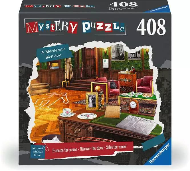 A Murderous Birthday 408-piece puzzle with vintage room artwork and crime theme.