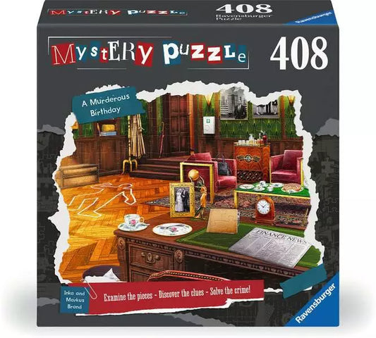 A Murderous Birthday 408-piece puzzle with vintage room artwork and crime theme.