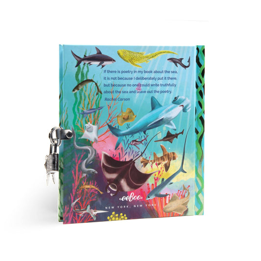 The Sharks and Friends Journal, lockable diary with underwater theme, sharks, fish, plants, and Rachel Carson quote.