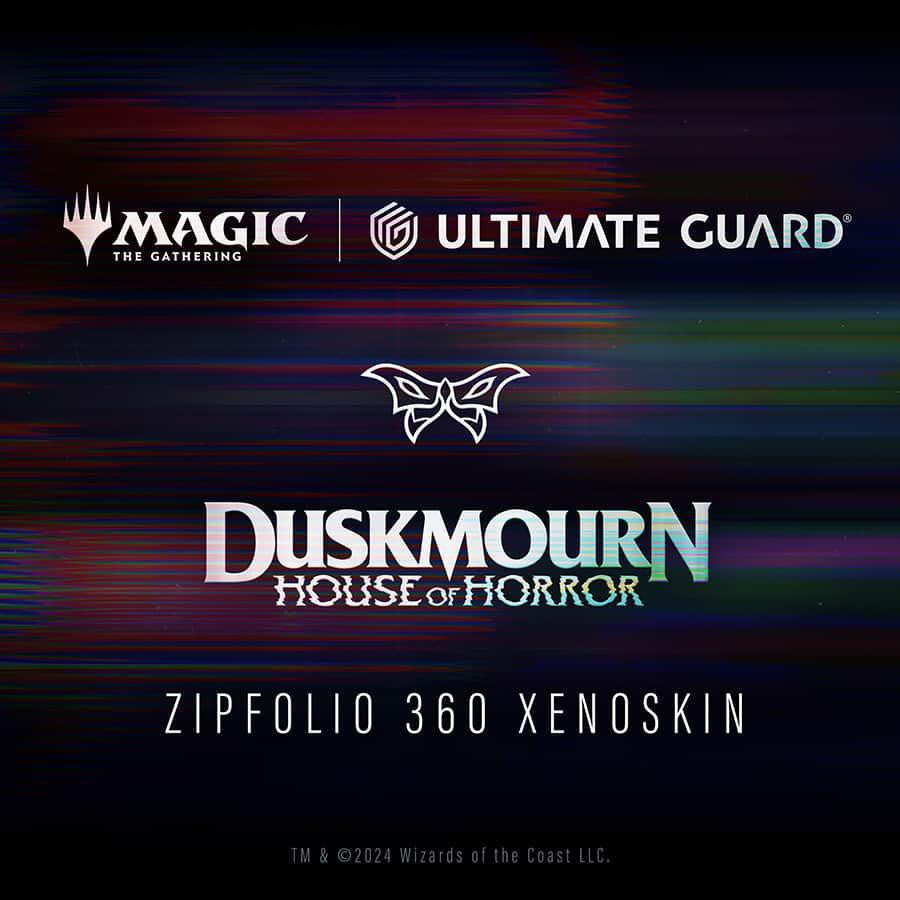Magic: The Gathering Ultimate Guard Duskmourn Series Zipfolio 360 Xenoskin Binder logos on a dark background.