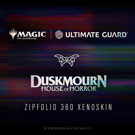 Magic: The Gathering Ultimate Guard Duskmourn Series Zipfolio 360 Xenoskin Binder logos on a dark background.