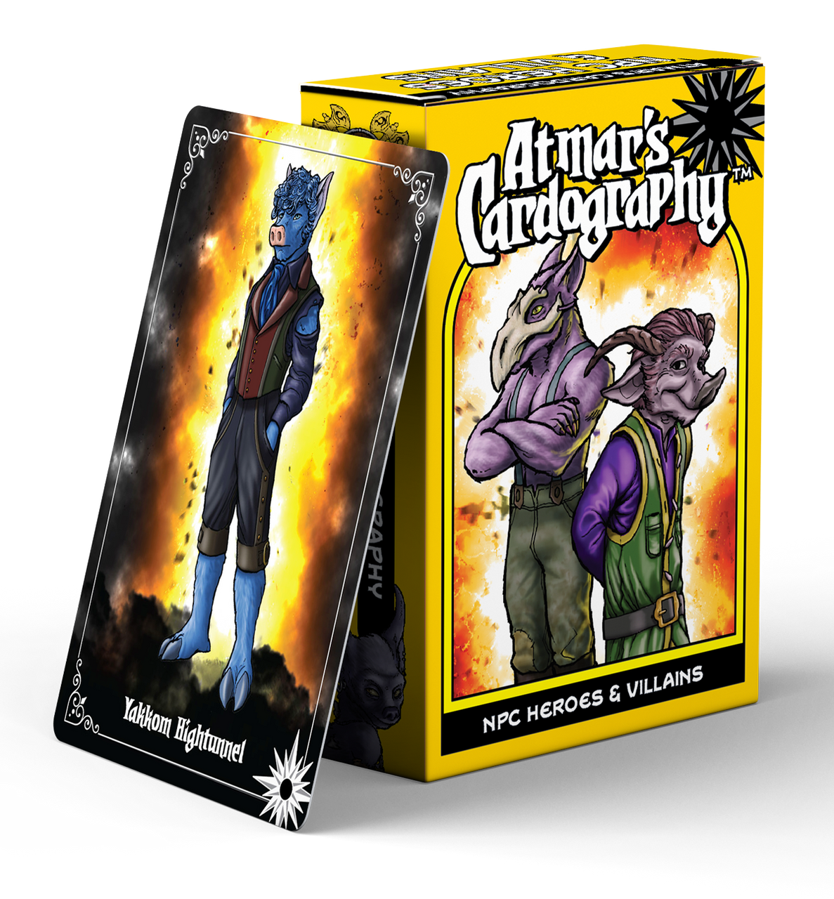 Cardography NPC Heroes & Villains fantasy card deck box with Revilo NPC and Yakkon Lightwell cards.