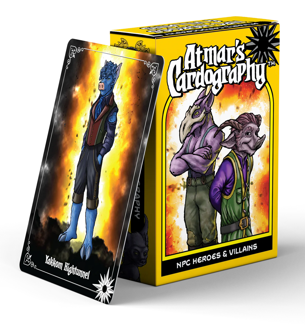 Cardography - NPC Heroes & Villains card featuring Yakkon Lightwell and two creatures on the packaging.