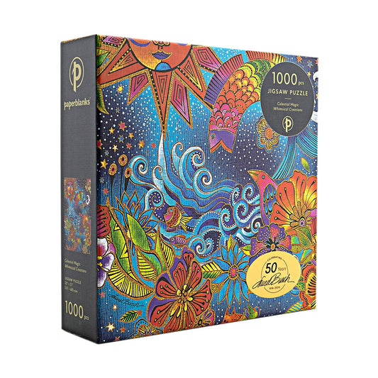 Paperblanks Celestial Magic 1000-piece puzzle featuring Laurel Burch’s floral, ocean, and celestial designs.
