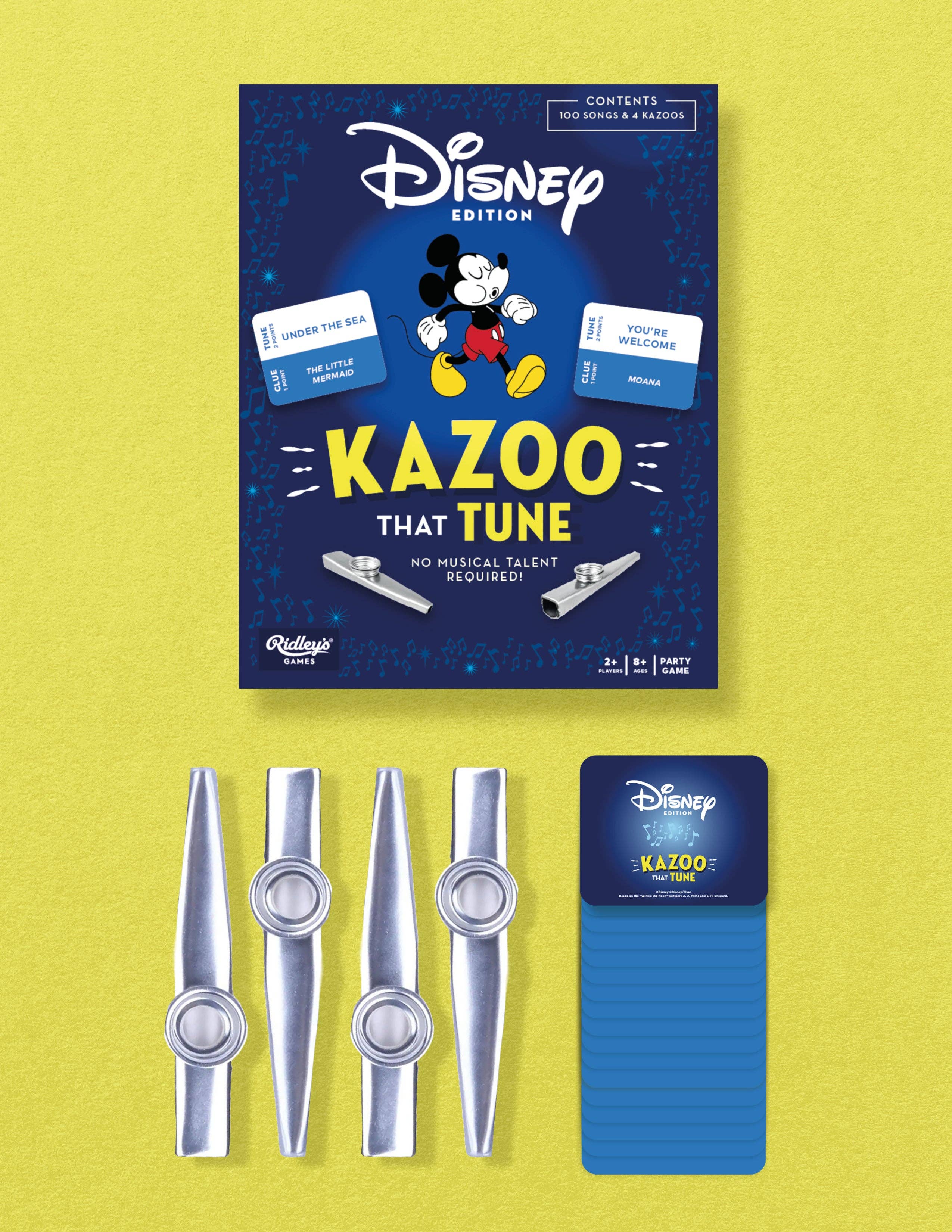 Disney Kazoo That Tune set with 4 silver kazoos and blue game cards.