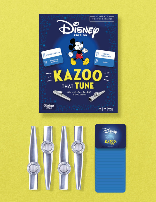 Disney Kazoo That Tune set with 4 silver kazoos and blue game cards.