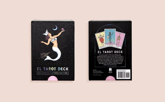 Front and back of El Tarot Deck box showing a mermaid and Latinx-themed cards.