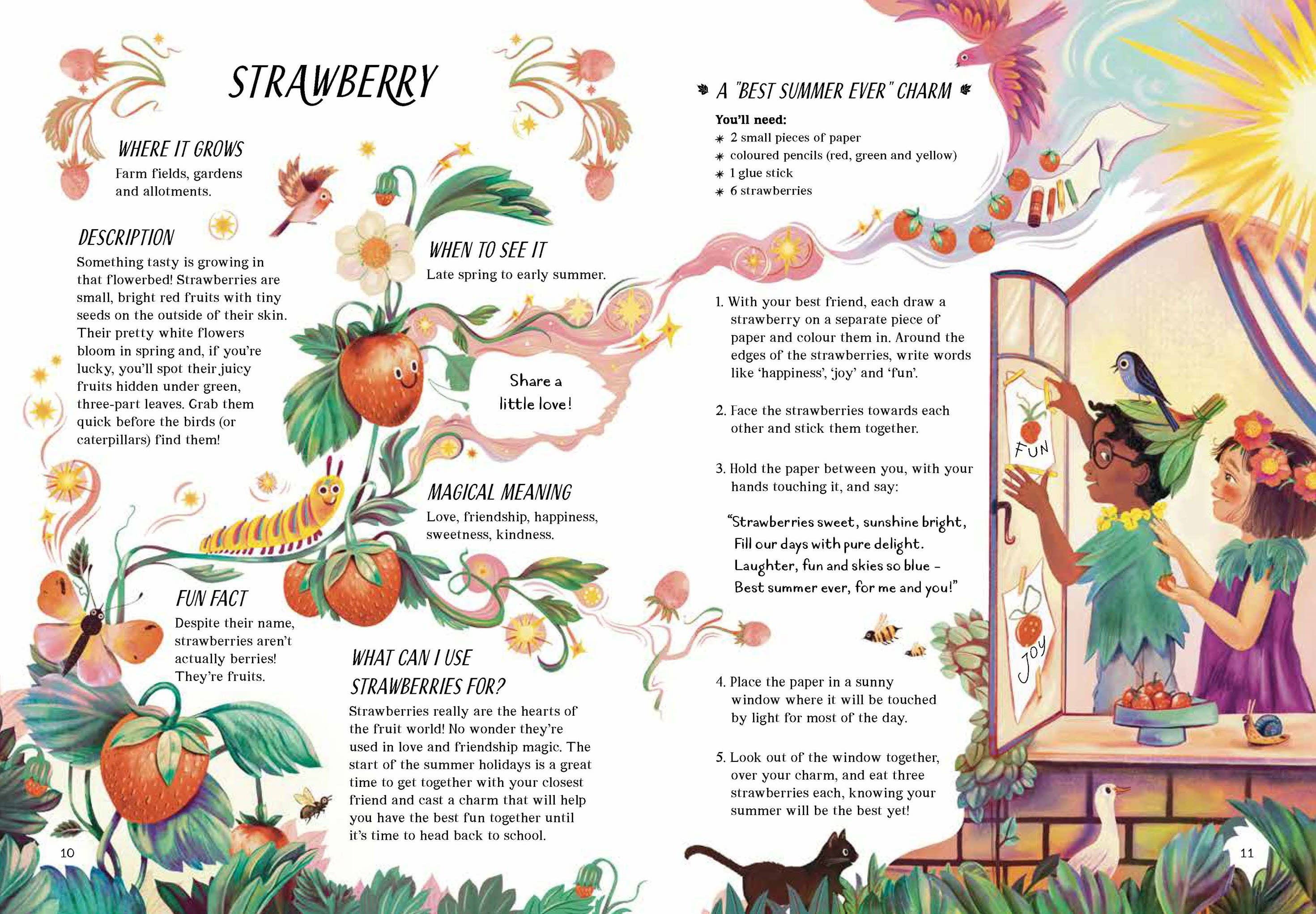 Pages from A Guide to Plants for Little Witchlings, shown with a child reading near strawberry vines.