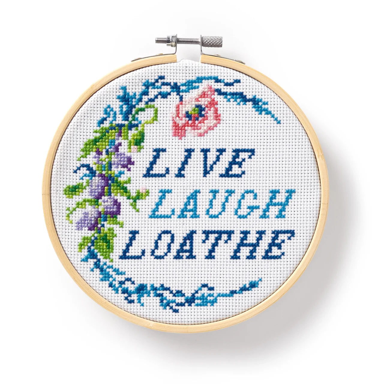 Live Laugh Loathe Cross Stitch Kit with embroidery hoop and floral design.