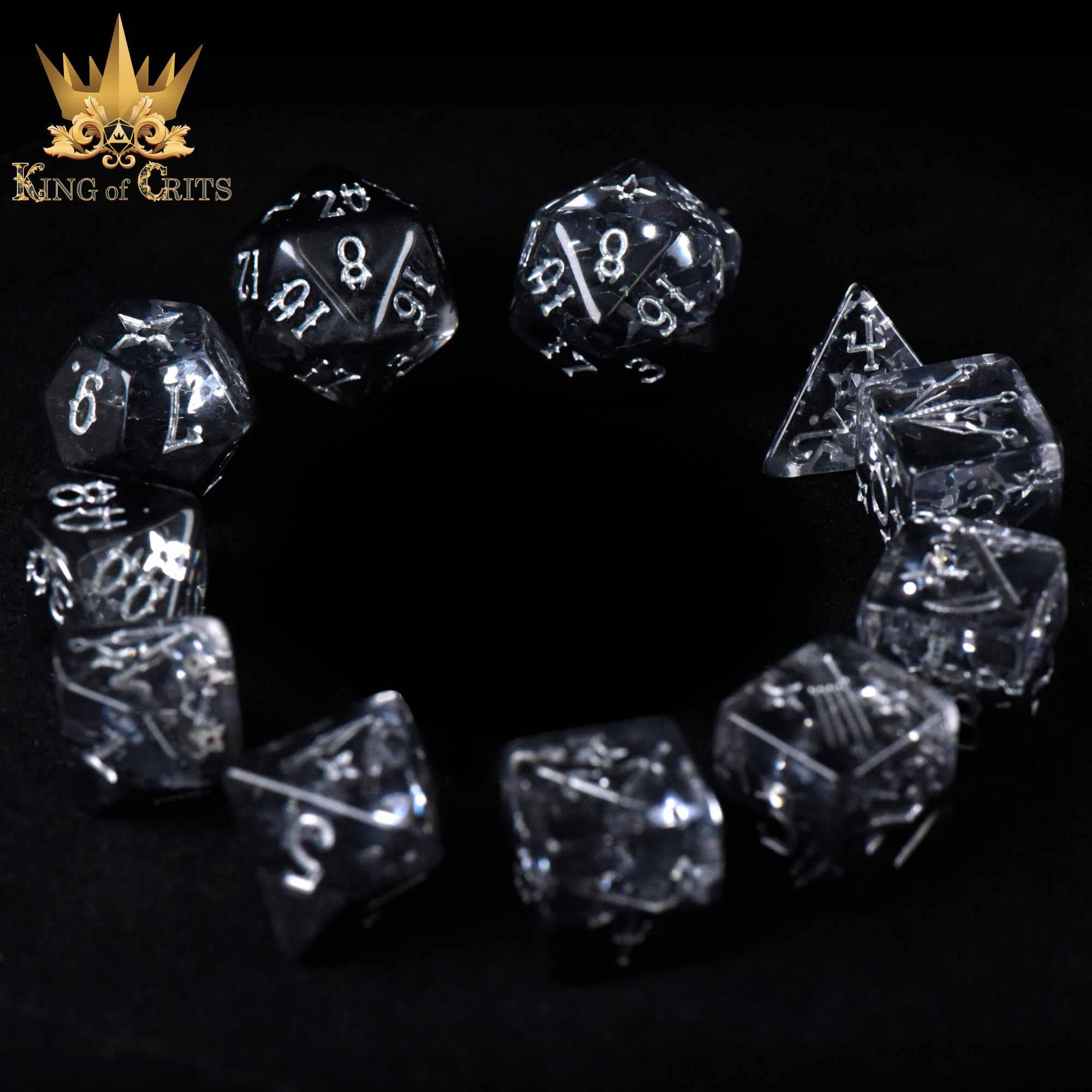 The Art of Stealth 11 Dice Set: clear, numbered resin dice with King of Crits logo on black background.