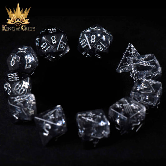 The Art of Stealth 11 Dice Set: clear, numbered resin dice with King of Crits logo on black background.