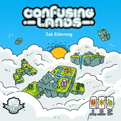 Confusing Lands 2-player microgame featuring roads, rivers, and buildings in a floating sunrise landscape above clouds.