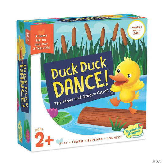 Duck Duck Dance cooperative board game for toddlers ages 2 and up, designed to build gross motor skills.