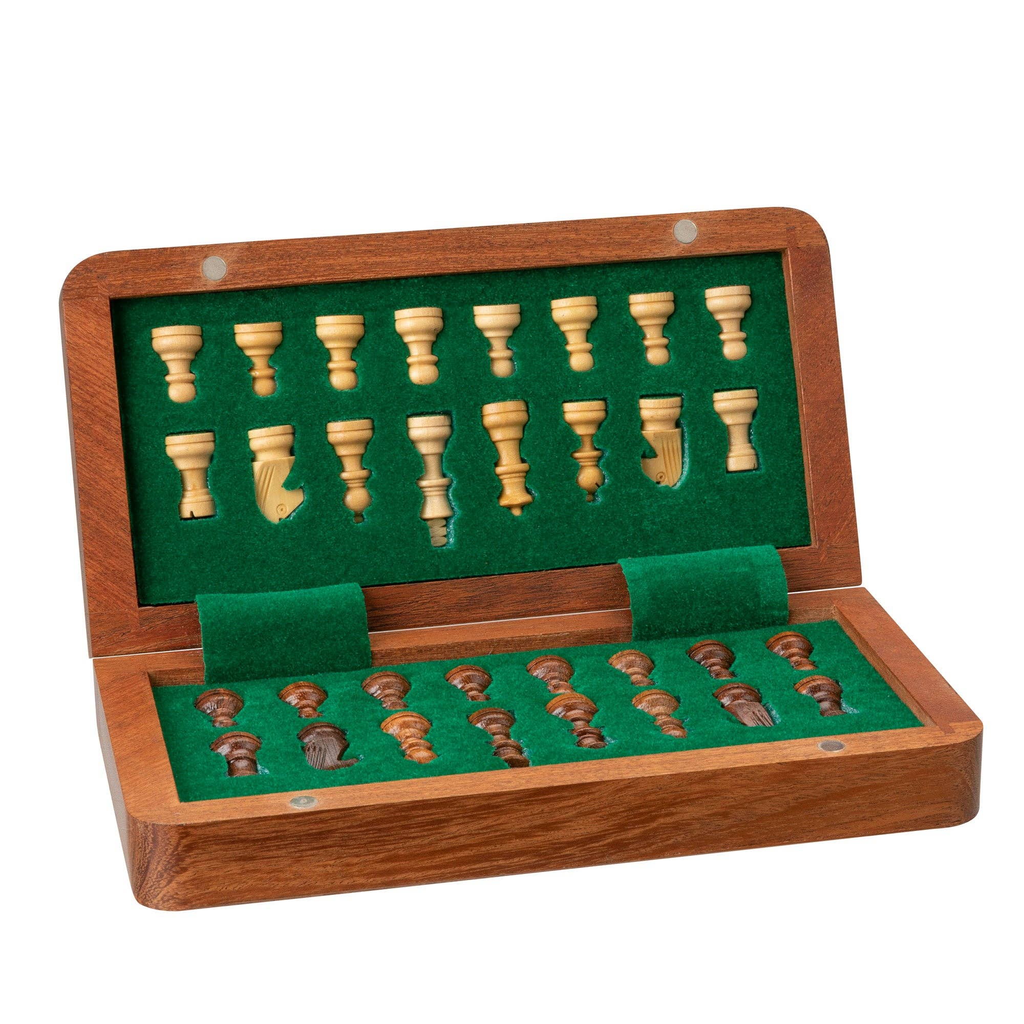 Travel magnetic wood folding chess set, 7, with light and dark pieces in a green felt-lined box.