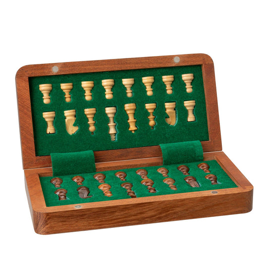 Travel magnetic wood folding chess set, 7, with light and dark pieces in a green felt-lined box.