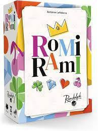 Romi Rami card game box displaying icons of a crown, clover, gem, heart, and musical note.