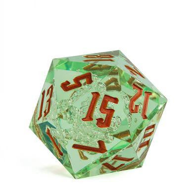 55mm Titan D20 Sharp Edge Green Bubbles die with red numbers, faces 15, 13, and 12 visible.