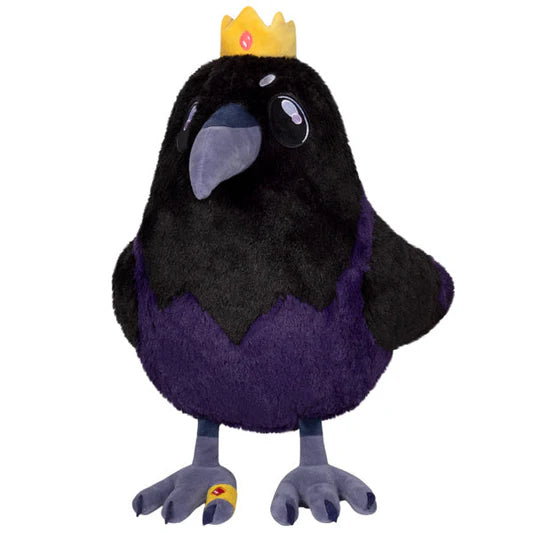 King Raven plush toy featuring black and purple colors, a gold crown, and a ring.