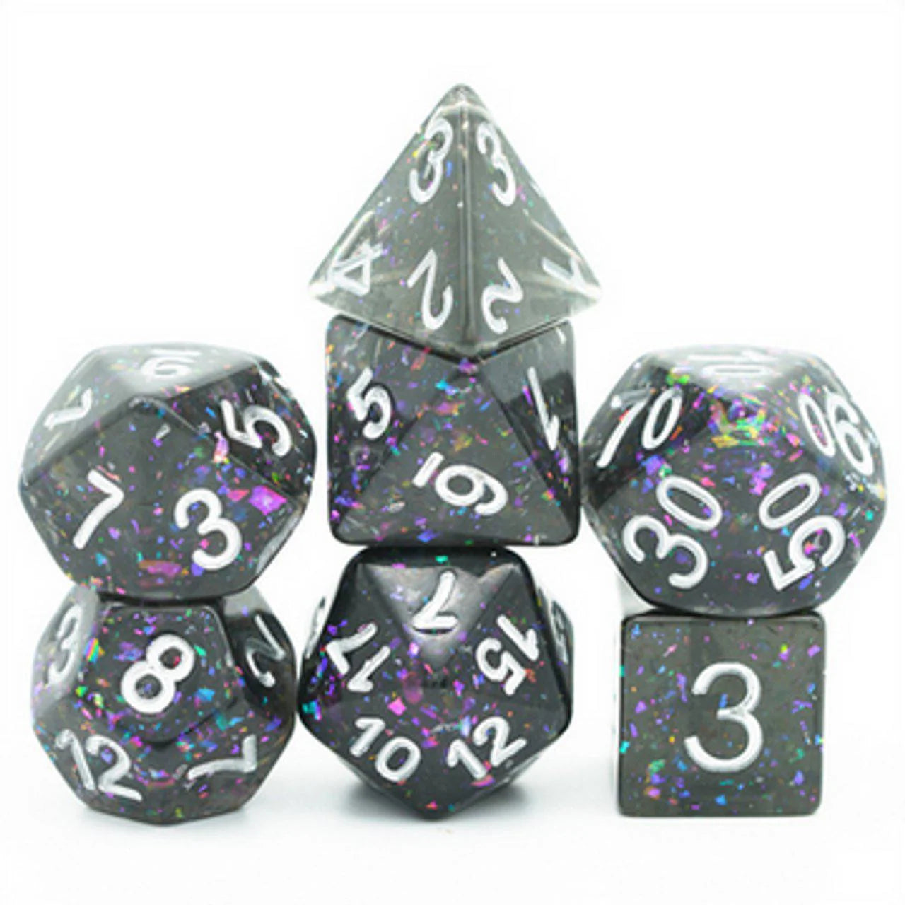 The Abyss RPG Dice Set with seven black polyhedral dice featuring white numbers and glitter.