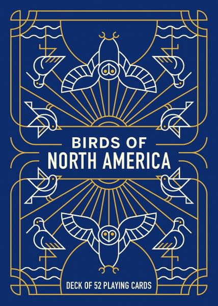 Birds of North America Playing Card Deck with blue back, bird line art, and product name.