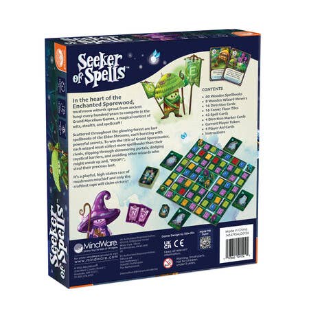 SEEKER OF SPELLS box back showing cards, spellbooks, and mushroom wizards in fantasy artwork.