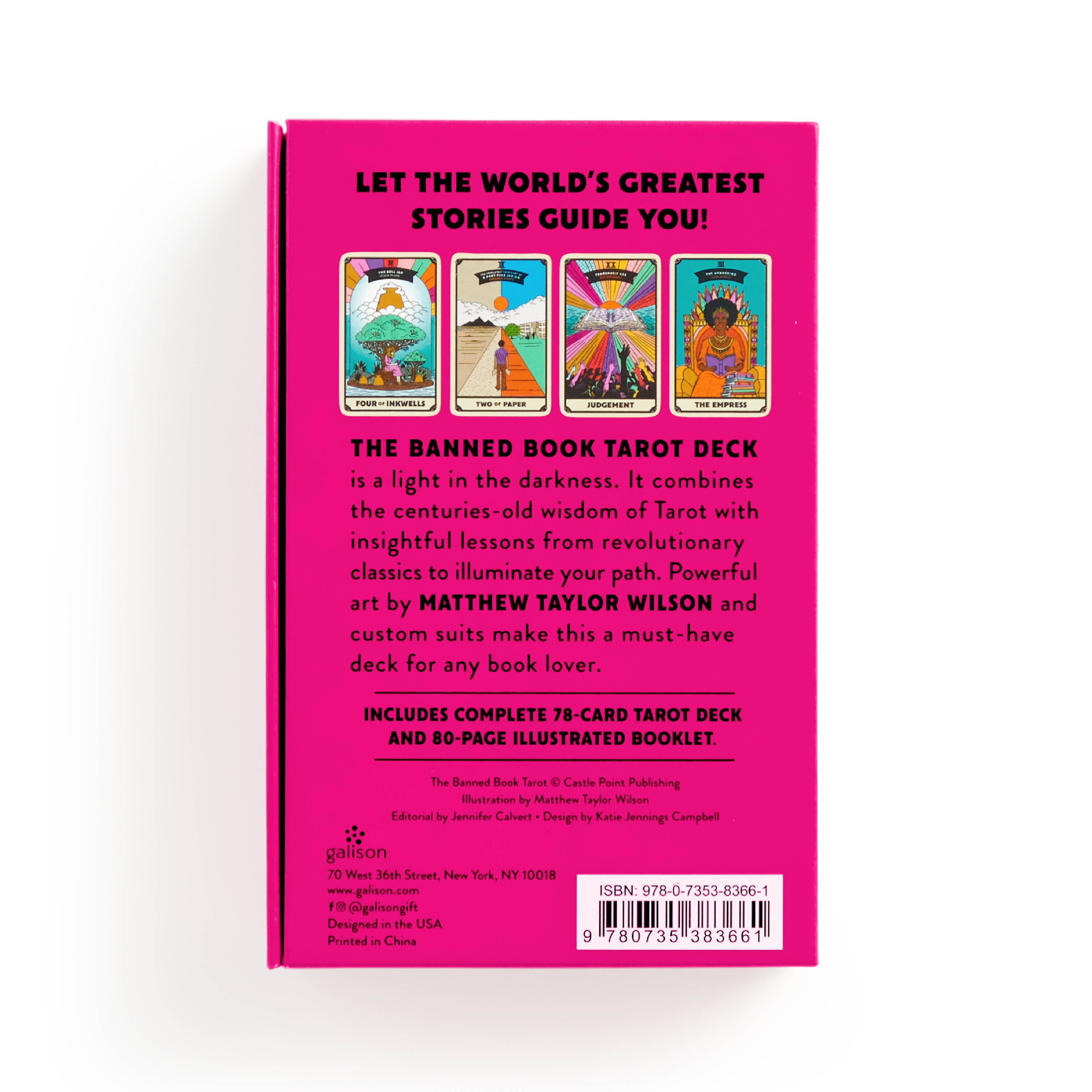 Back of pink Banned Books Tarot Card Set box with four cards and product description text visible.