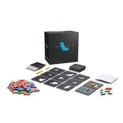 Project L tabletop puzzle game with colored pieces, boards, cards, and black box.