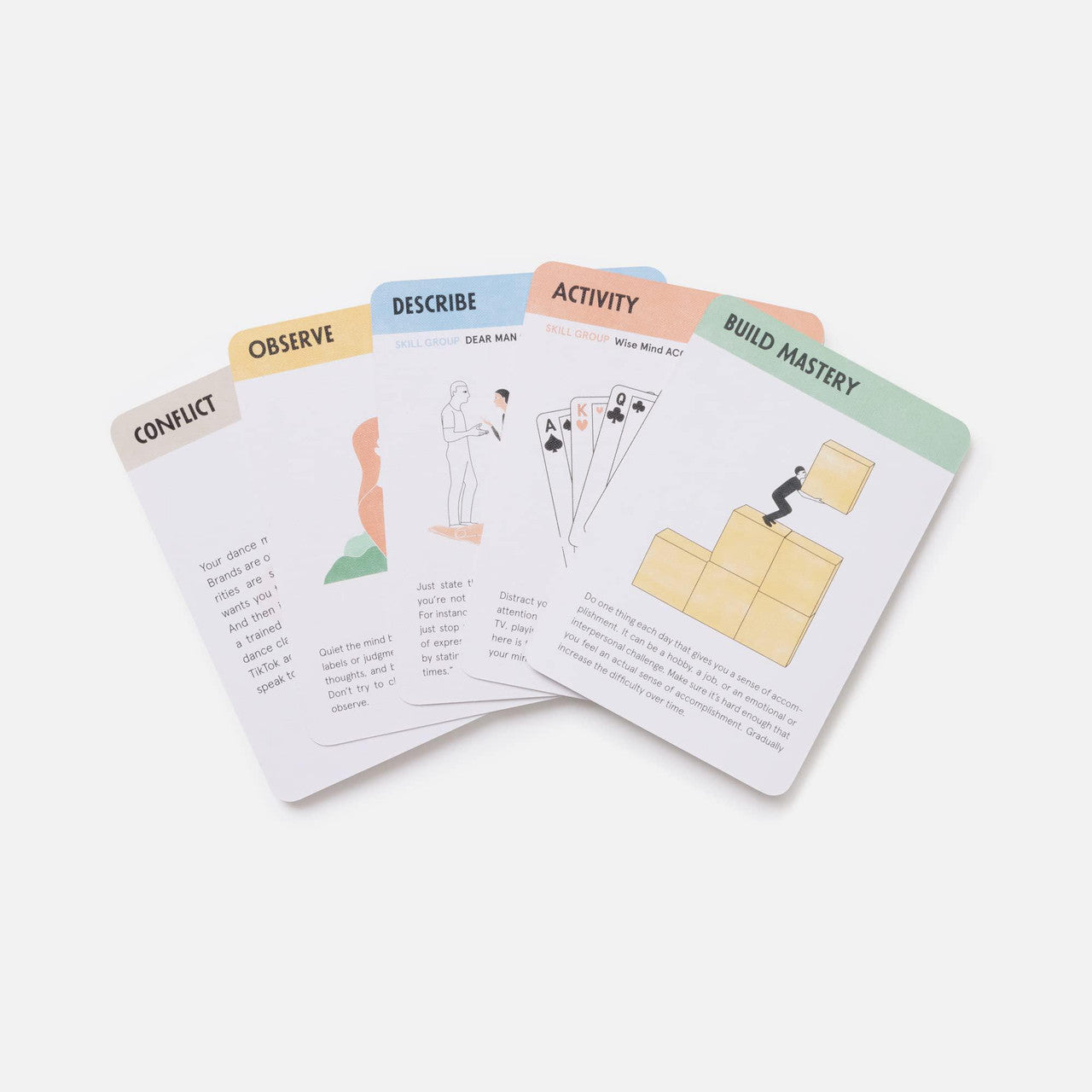 The Game of Real Life DBT skills game with five cards: Conflict, Observe, Describe, Activity, Build Mastery.