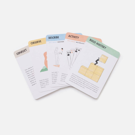 The Game of Real Life DBT skills game with five cards: Conflict, Observe, Describe, Activity, Build Mastery.