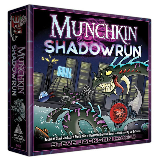 Munchkin Shadowrun card game box cover with a dragon attacking a cyberpunk city.