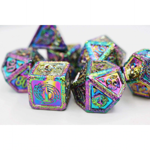 Bardic Song Concerto RPG Metal Dice Set with iridescent colors displayed on a white surface.