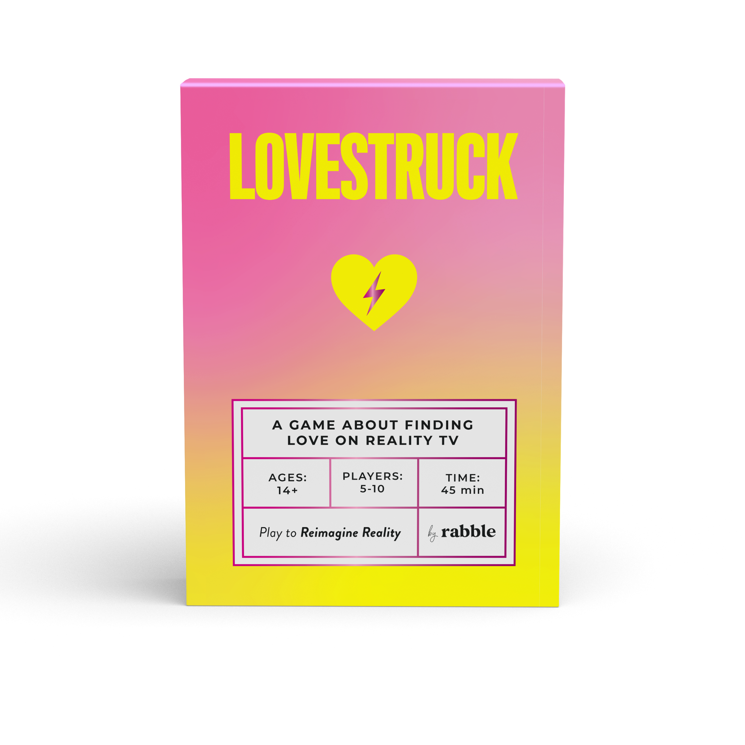 Lovestruck reality TV love game in a pink and yellow box with a heart and lightning bolt on the packaging.