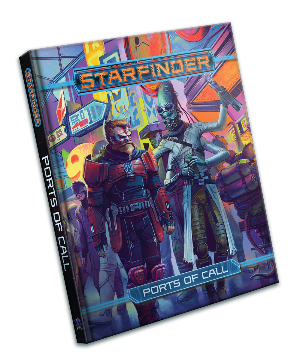 Starfinder Ports of Call Sourcebook cover featuring sci-fi heroes in a city with spaceports.