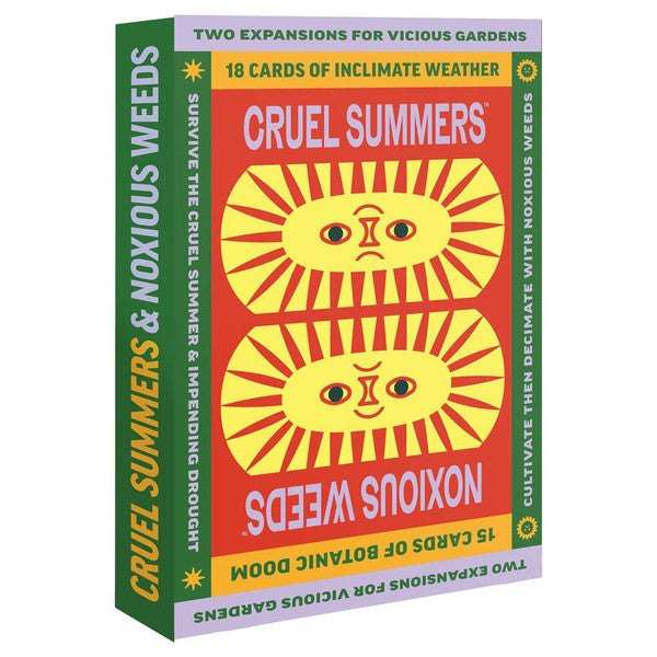 Box for Vicious Gardens: Cruel Summers and Noxious Weeds Expansion featuring sun and weed illustrations.