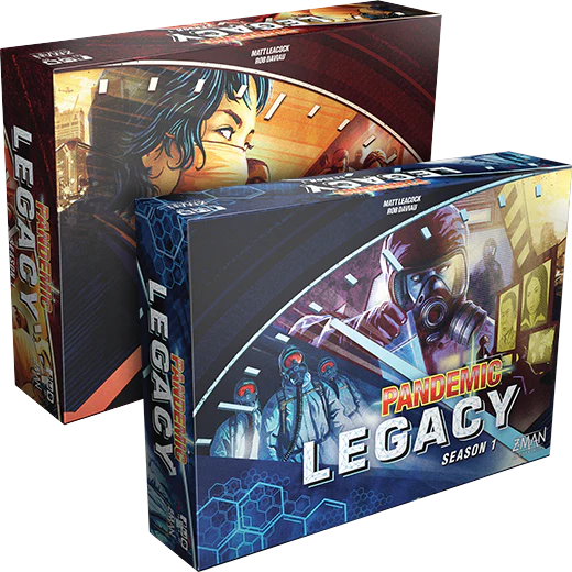 Pandemic Legacy: Season 1 (Blue Edition) board game box with masked figures on the cover.