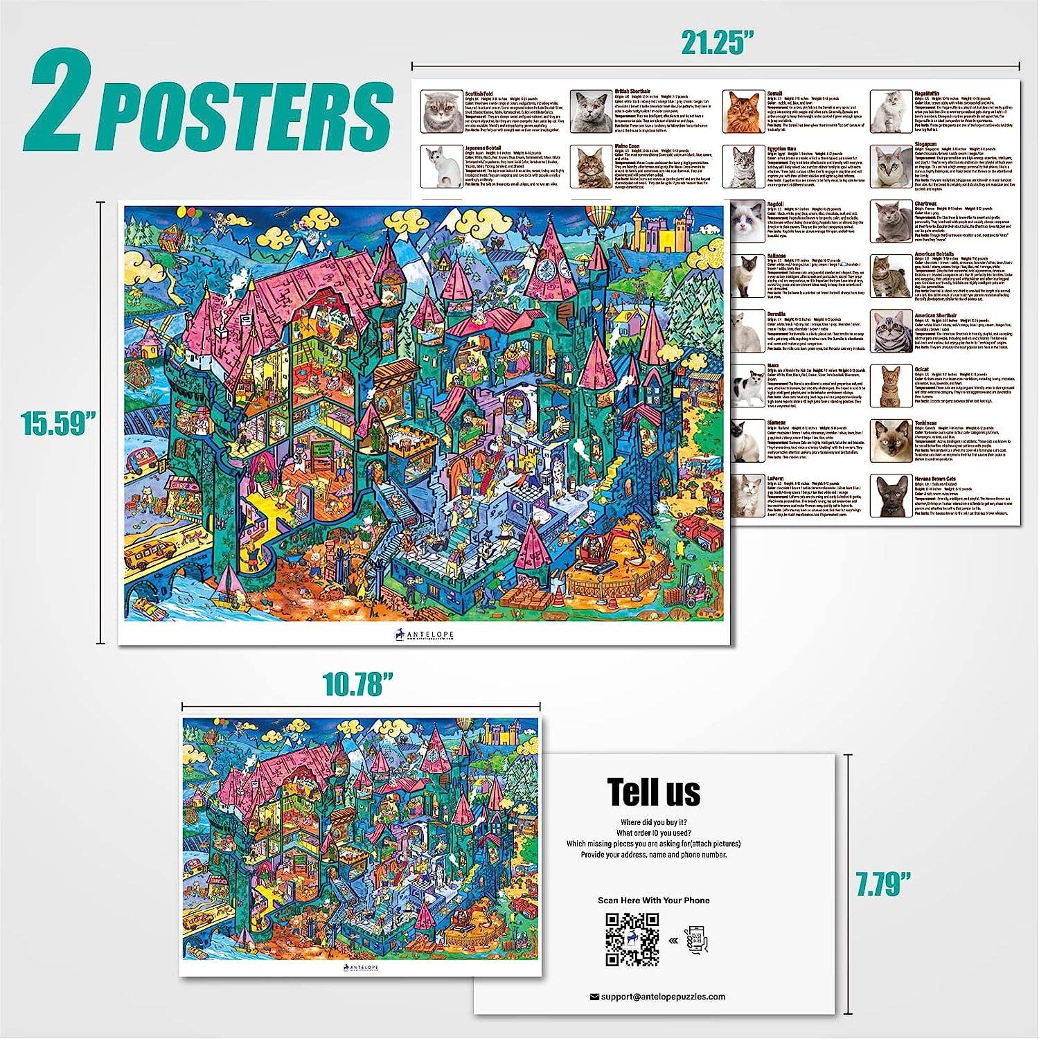 Cat Castle 1000 Piece Jigsaw Puzzle with cat theme, reference guide, and contact information included.