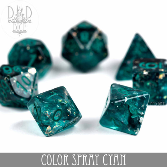 Set of seven translucent cyan Color Spray Cyan dice with gold-white inclusions on a white background.