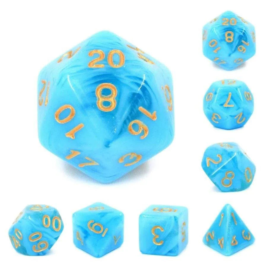 Atlantis RPG Dice Set with blue marbled polyhedral dice and gold numbers.