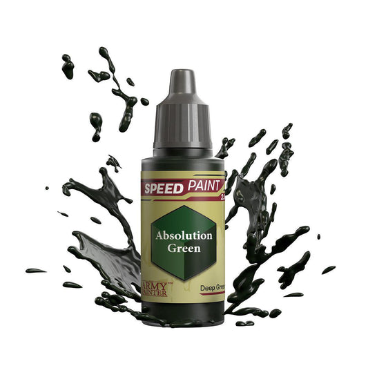 Army Painter Speedpaint Absolution Green bottle with vibrant green paint splashes.