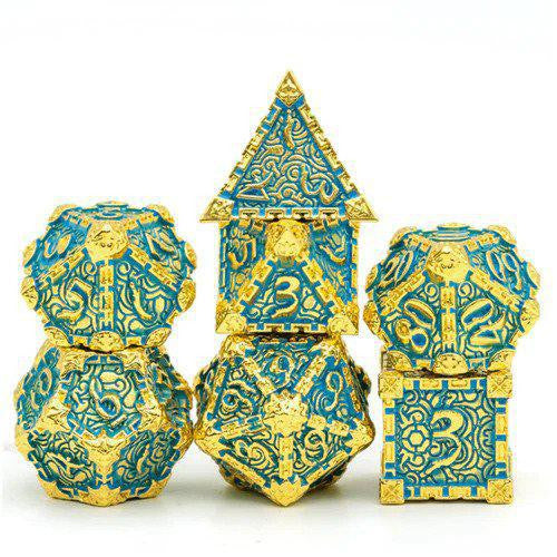 Foam Brain Games Dagger of Venom teal metal RPG dice set, five dice with one shaped like a house.