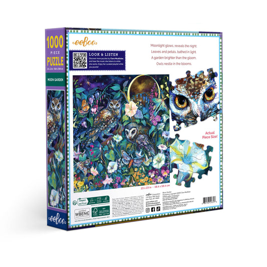 Moon Garden 1000 Piece Puzzle with illustrated owls, flowers, and a glowing moon in a night garden scene.