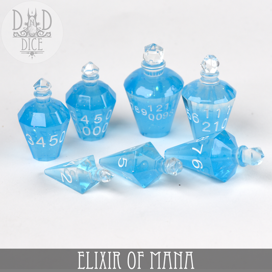 Seven blue gem-shaped resin dice, Elixir of Mana (Handmade), on a gray background.