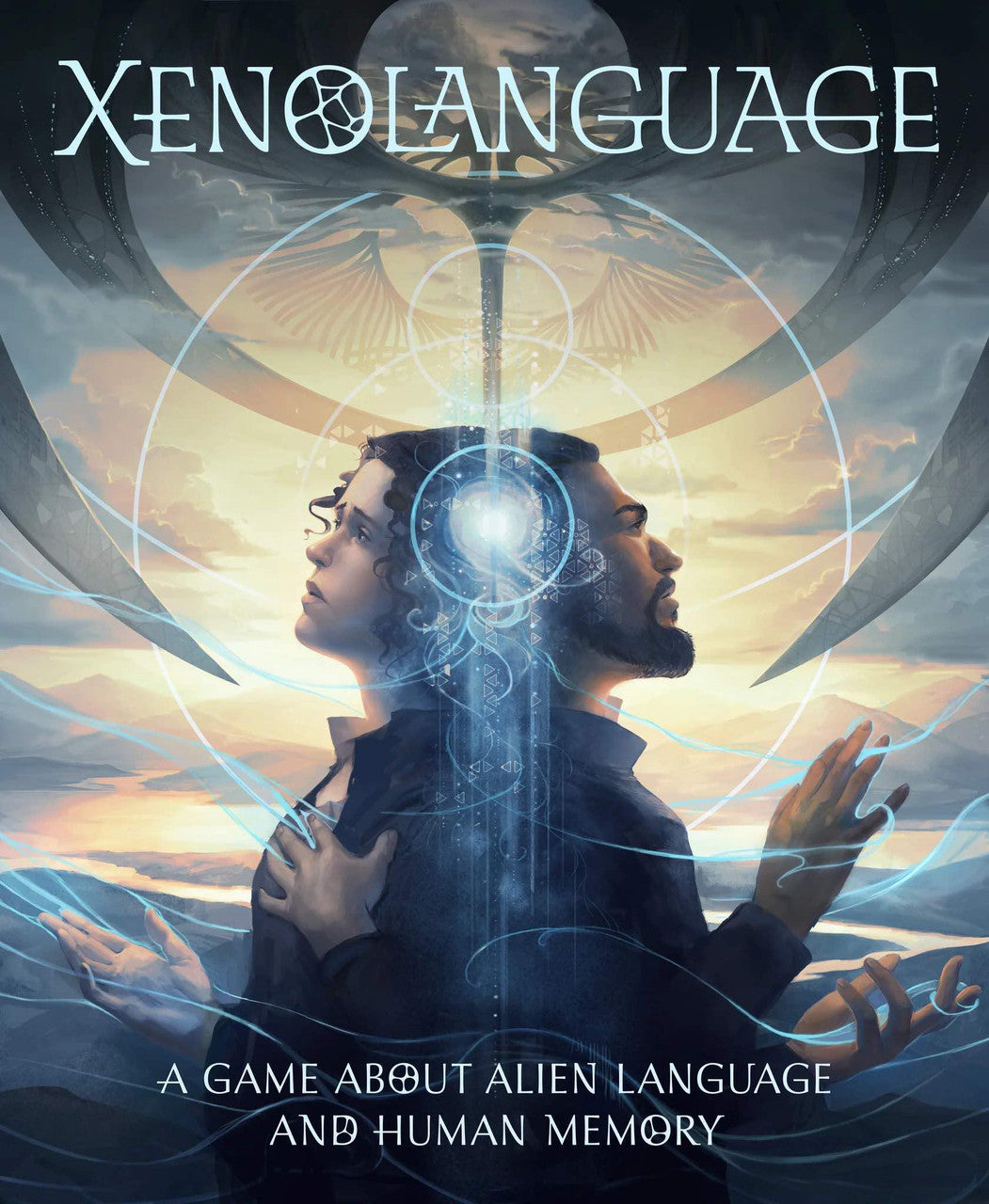 Xenolanguage: A Game About Alien Language and Human Memory game box with two people and glowing symbols on the cover.