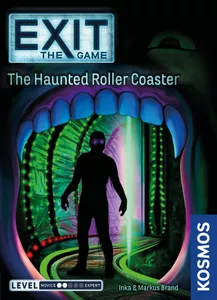 EXIT: The Haunted Roller Coaster escape room game sign with a person standing in front.