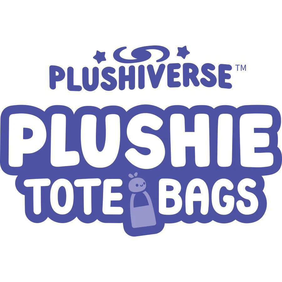 Plushiverse Tote Bag with purple logo, foldable bag graphic, and star accents.