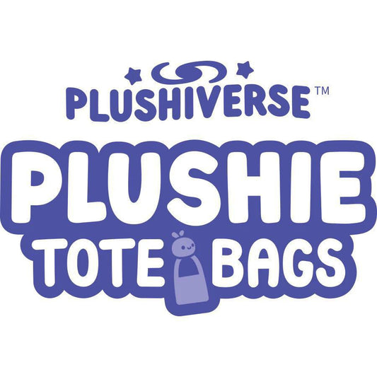 Plushiverse Tote Bag with purple logo, foldable bag graphic, and star accents.
