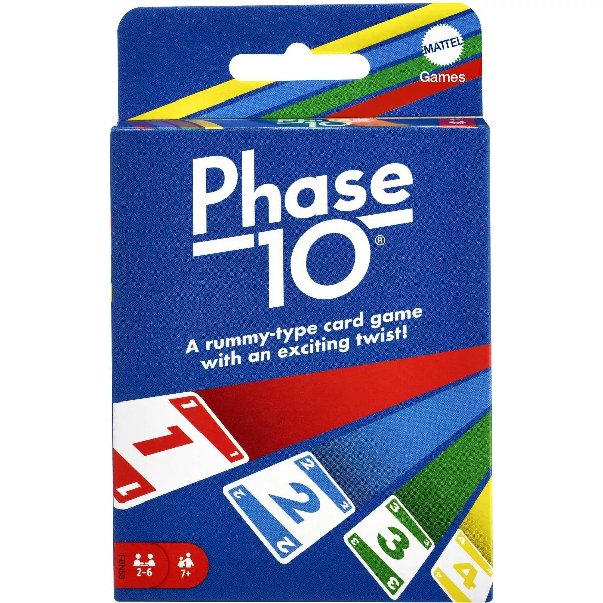 Phase 10 family card game featuring colorful cards and rummy-style gameplay.