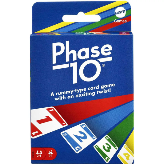 Phase 10 family card game featuring colorful cards and rummy-style gameplay.